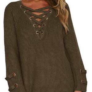 Women's Lace Up Front V Neck Pullover Sweater